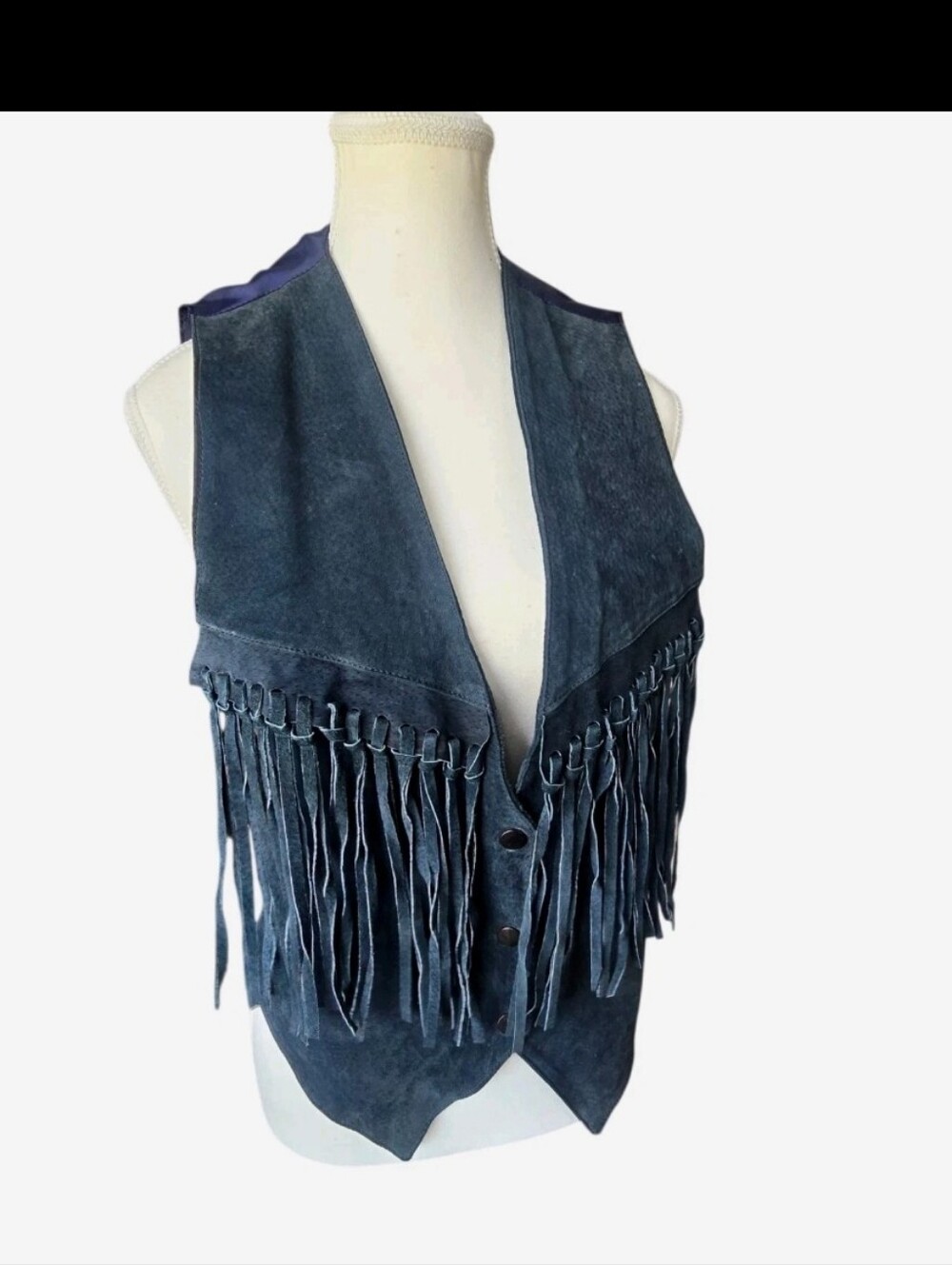 Vintage Navy Blue Leather Fringe Western Retro Boho Tie Back Vest Size M